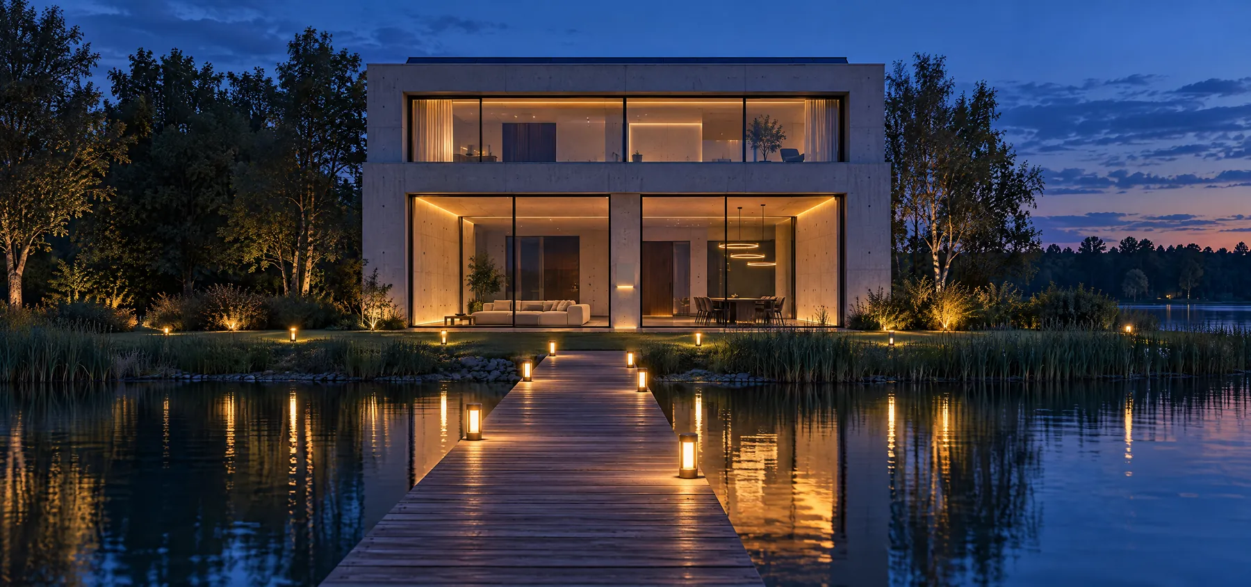 Villa am Auesee von außen, fotografiert vom Steg in der blauen Stunde