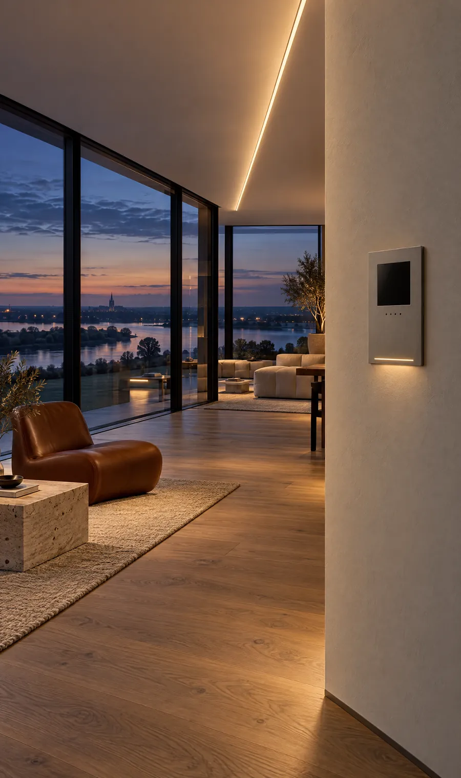 Penthouse Rheinaue am Abend mit durchgehender Lichtfuge in der Decke und AURA One an der Wand
