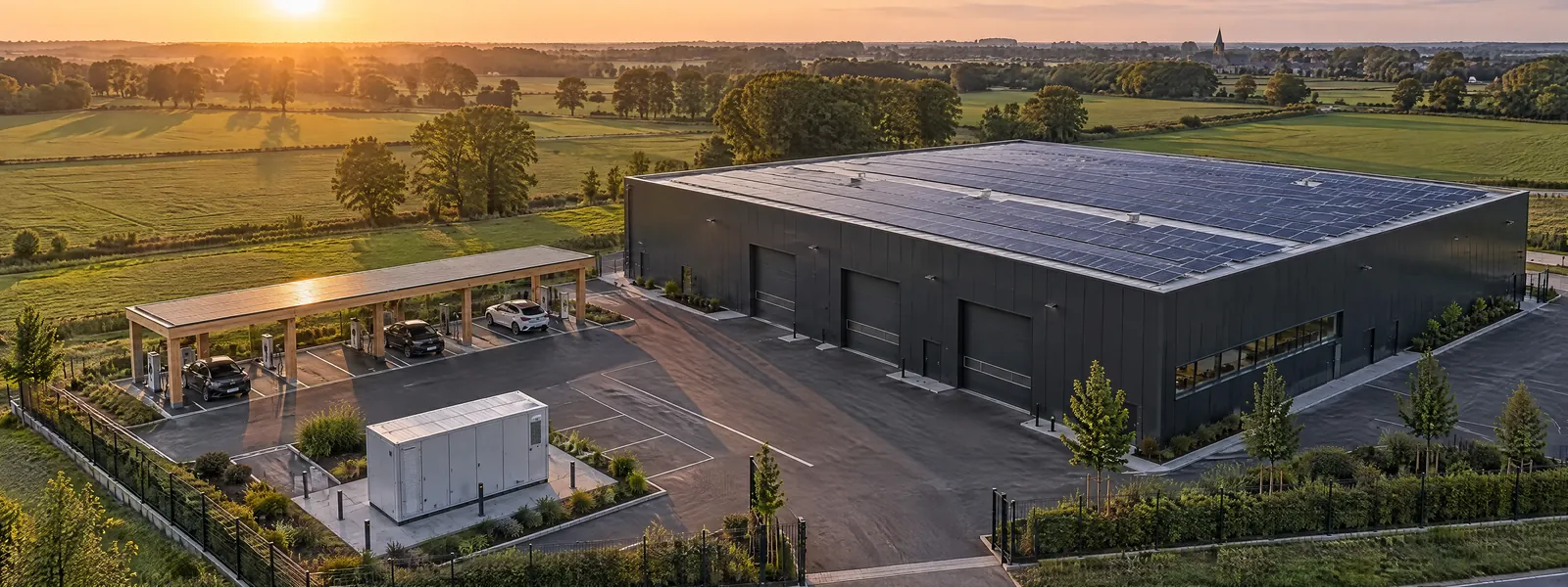 Gewerbehof Hamminkeln aus der Luft: Hallendach mit Photovoltaik, Carport mit Ladepunkten und Batteriespeicher